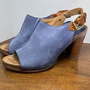 Sofft Womens Cidra Blue Leather Slingback Peep-toe Stacked Heeled Sandals, sz 10